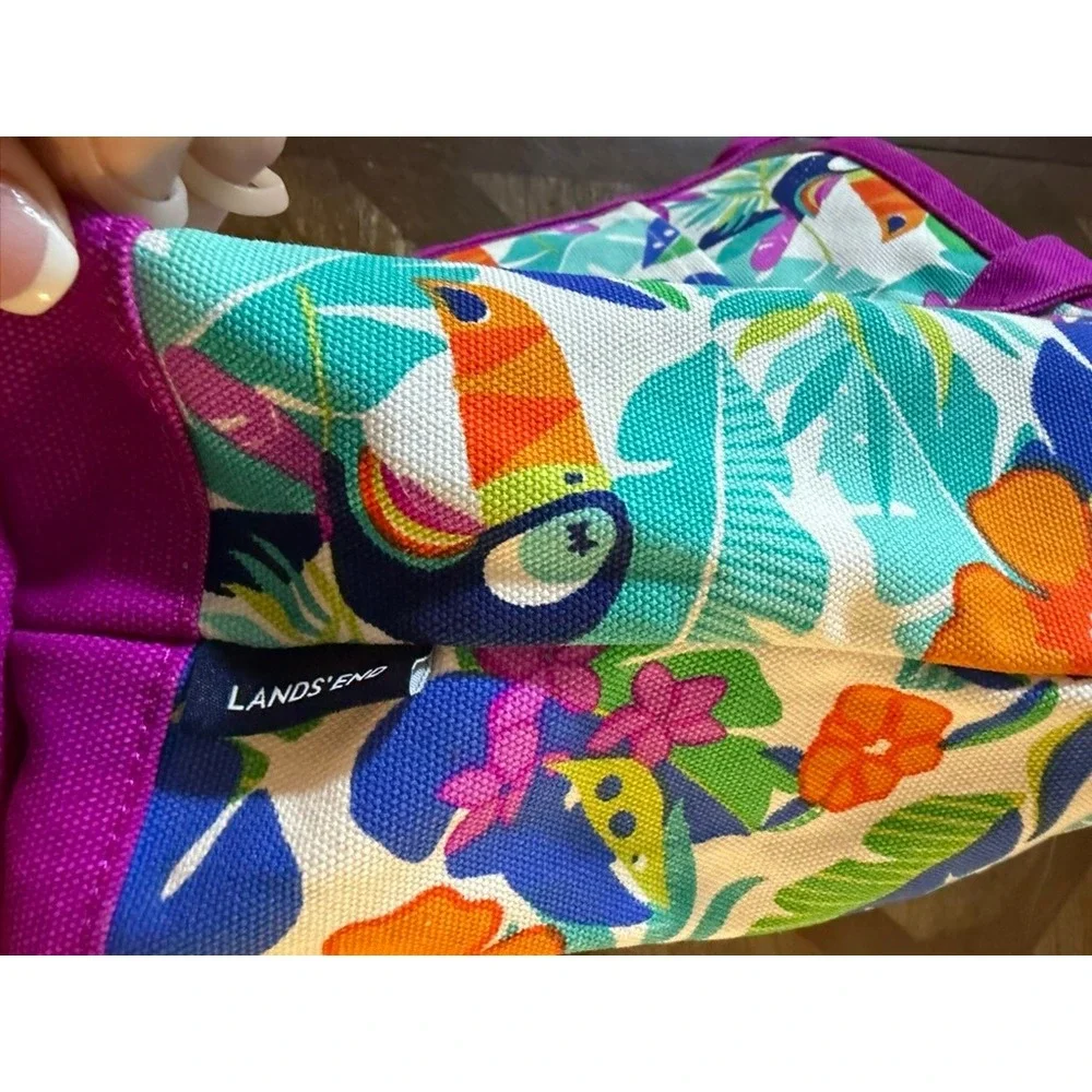 Lands End Kids Tropical Toucan Floral Canvas Zipper Tote Bag Purple 482576